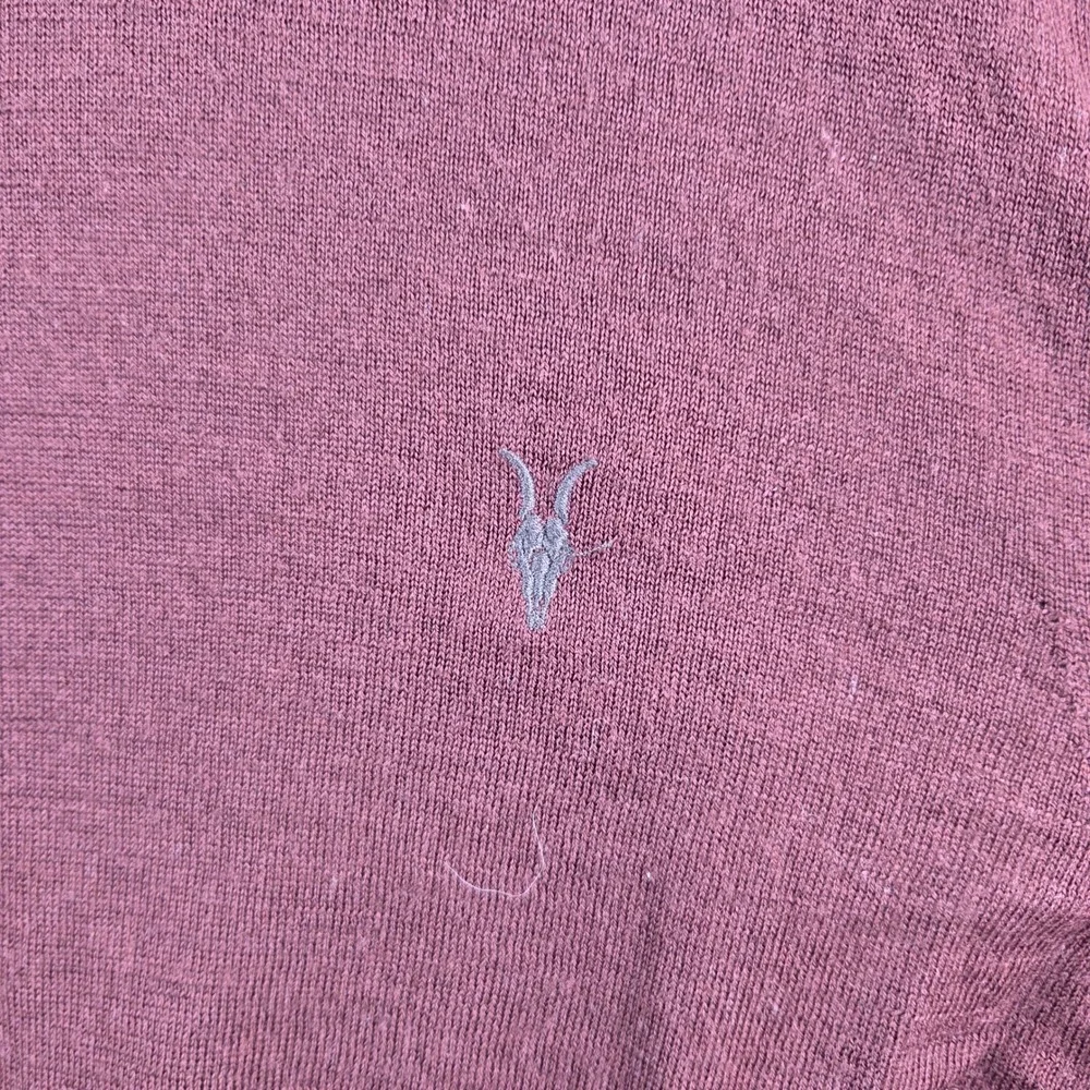 AllSaints Sweater Mens Large Burgundy 100% Merino Wool Crew Neck Ramskull Logo